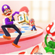 A celebration screen from Mario Party Superstars showing Walugi, Birdo, Mario, and Peach.
